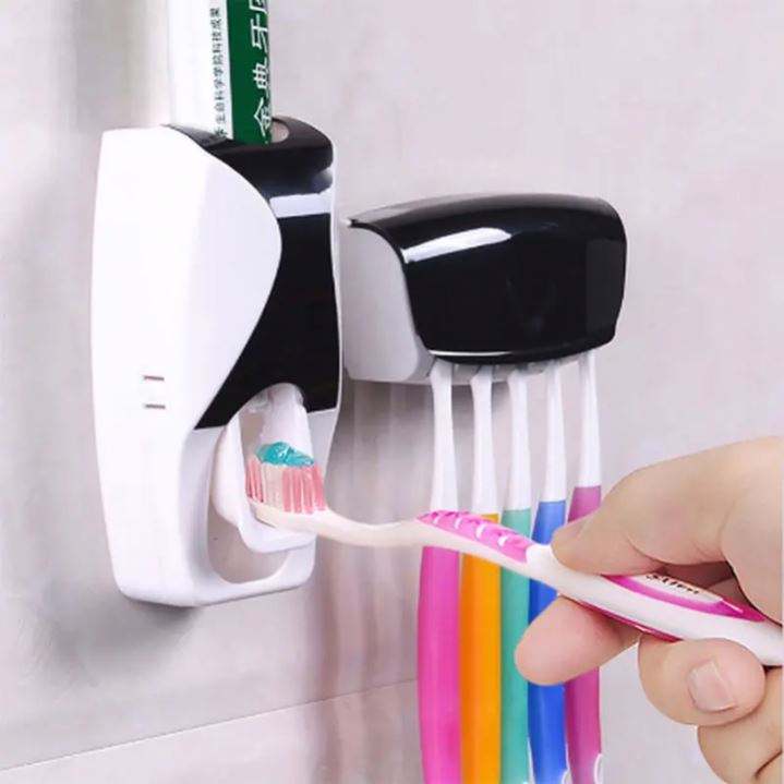 Set of Toothpaste Dispenser & Toothbrush Holder - White Automatic Toothpaste Dispenser and Toothbrush Holder Set Wall Mounted Toothpaste Dispenser with 5 Toothbrush Holder Set Toothpaste Squeezing Machine Toothpaste Dispenser Tooth brush Holder set