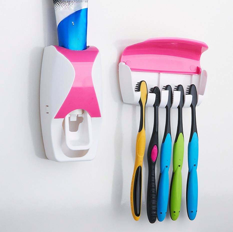 Set of Toothpaste Dispenser & Toothbrush Holder - White Automatic Toothpaste Dispenser and Toothbrush Holder Set Wall Mounted Toothpaste Dispenser with 5 Toothbrush Holder Set Toothpaste Squeezing Machine Toothpaste Dispenser Tooth brush Holder set
